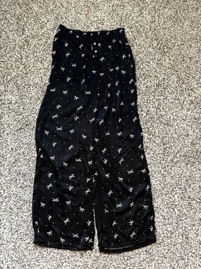 Aerie Black Satin Bow Print Wide Leg Pajama Pants Polka Dot Button Fly Size XS